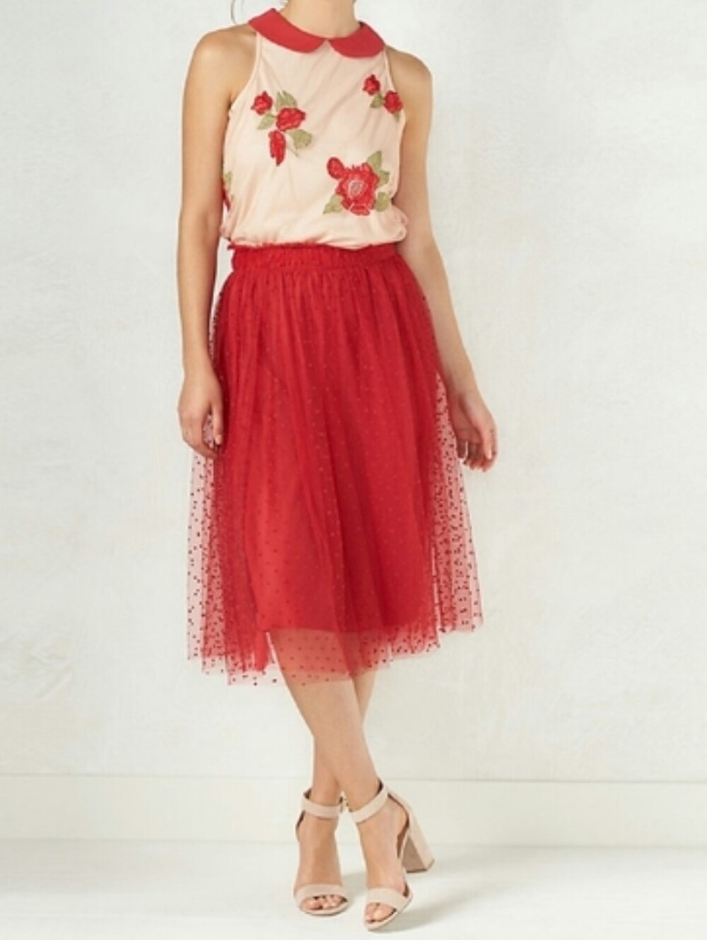 Disney Sleeveless Embroidered Pink Floral Tie-Neck Top Size XL